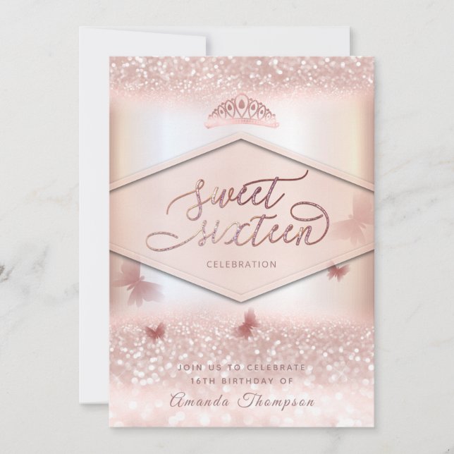 Invitación caligrafía de tiara en purpurinoso de oro Rosa mar (Anverso)