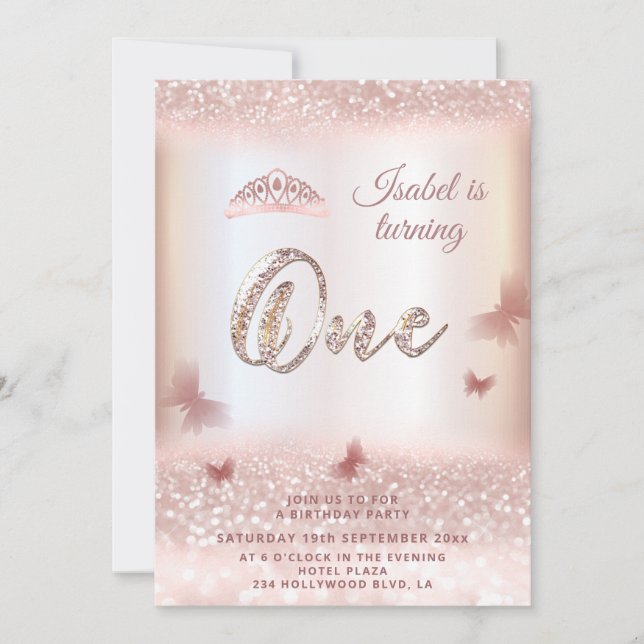 Invitación caligrafía de tiara en purpurinoso de oro Rosa mar (Anverso)