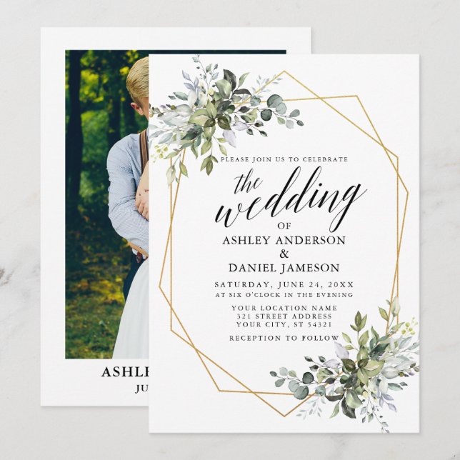 Invitación Caligrafía de vegetación Boda de fotografía geomét (Anverso / Reverso)