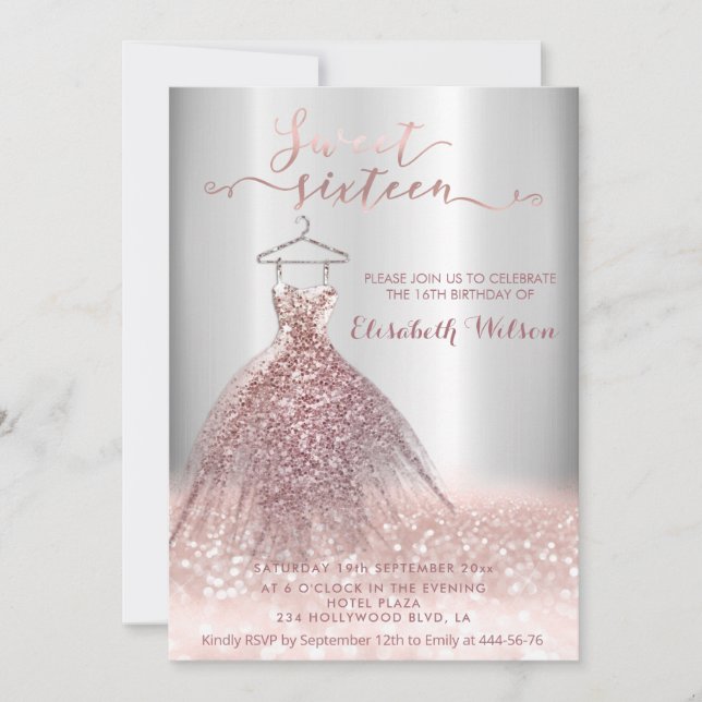 Invitación Caligrafía de vestimenta purpurinoso de oro Rosa A (Anverso)