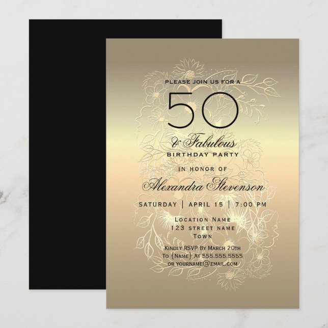 Invitación Caligrafía dorada 50 cumpleaños (Anverso / Reverso)