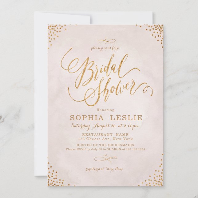 Invitación Caligrafía dorada de rosa de brillo Luchador Brida (Anverso)