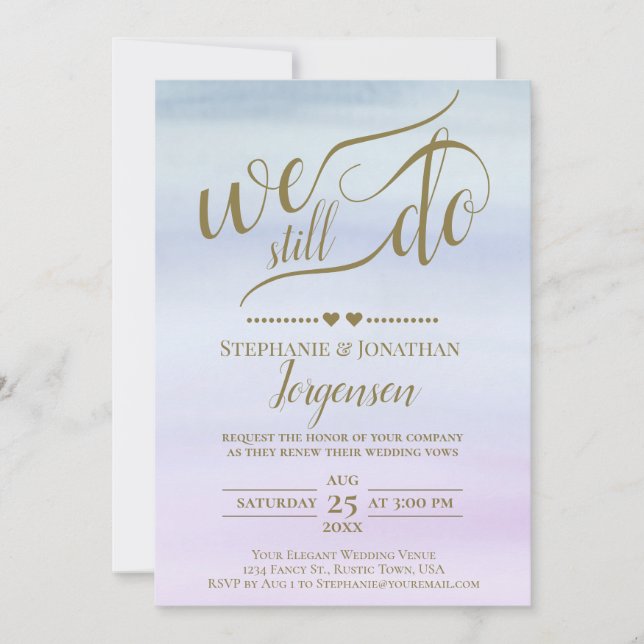 Invitación Caligrafía dorada Dusty Blue & Lilac Vow Renovació (Anverso)