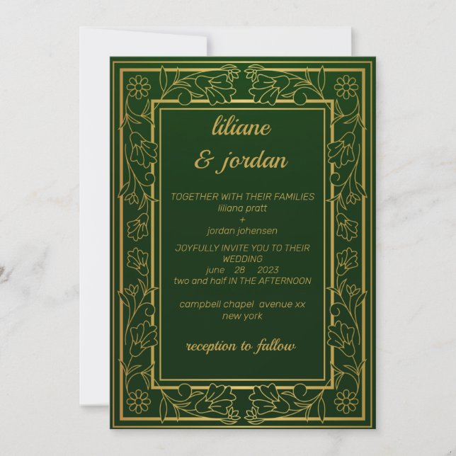 Invitación caligrafía dorada elegante Boda verde esmeralda (Anverso)