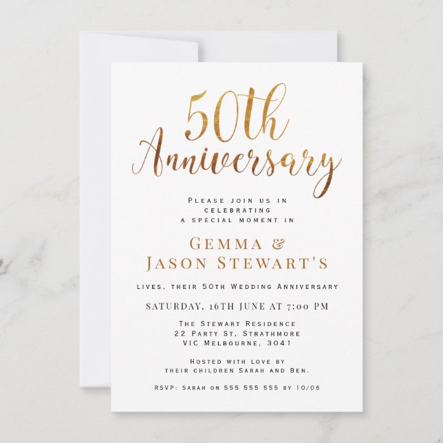 Invitación Caligrafía Dorada Falsa Aniversario de Bodas de 50 (Anverso)
