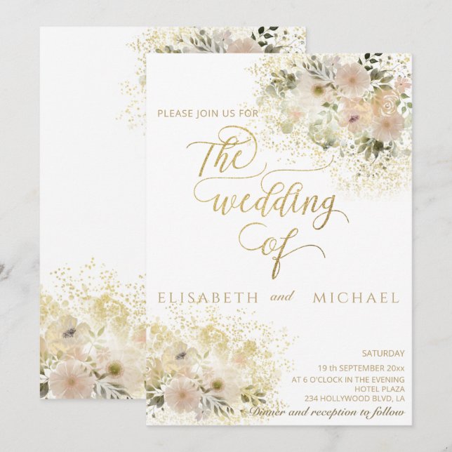 Invitación Caligrafía dorada floral romántica rosa suave (Anverso / Reverso)