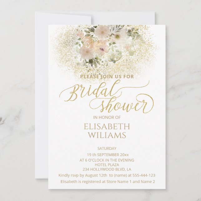 Invitación Caligrafía dorada floral rosa suave (Anverso)