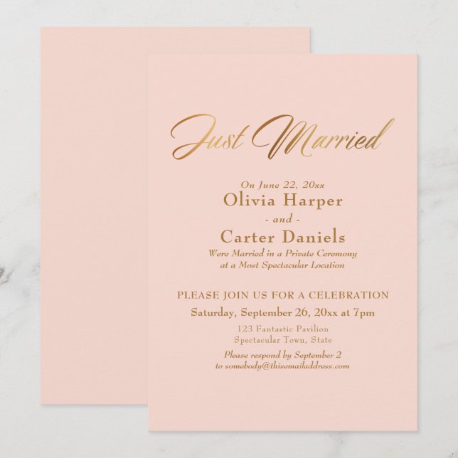 Invitación Caligrafía dorada Recepción de recién casados Rosa (Anverso / Reverso)