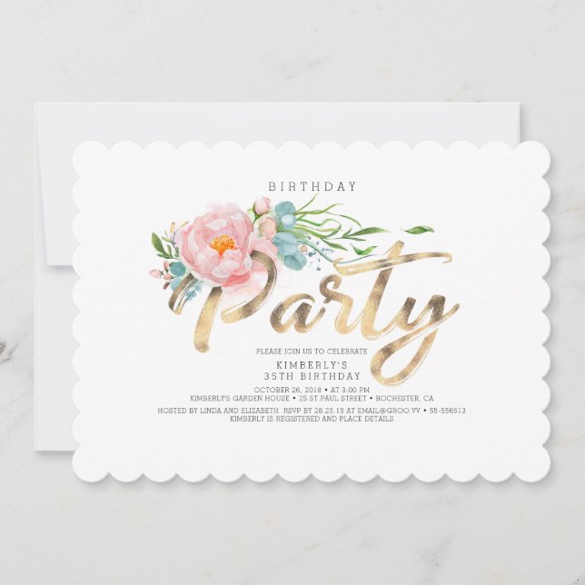 Invitación Caligrafía dorada Rubor Pink Florals Cumpleaños (Anverso)