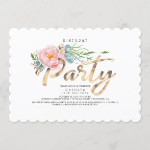 Invitación Caligrafía dorada Rubor Pink Florals Cumpleaños