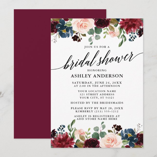 Invitación Caligrafía Ducha de novia floral azul borgoña (Anverso / Reverso)