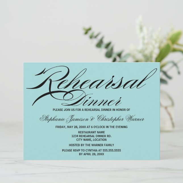 Invitación Caligrafía Elegancia Aqua Cena de ensayo (Anverso de pie)