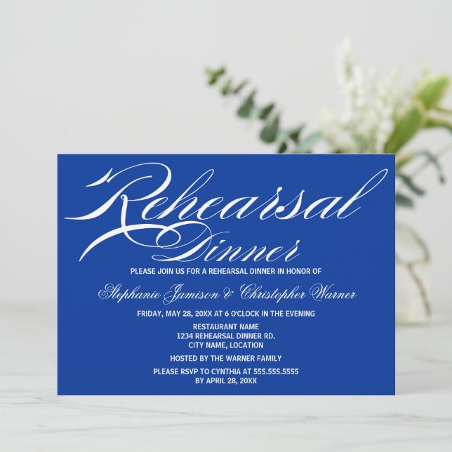Invitación Caligrafía Elegancia Cena Real de Ensayo Azul (Anverso de pie)