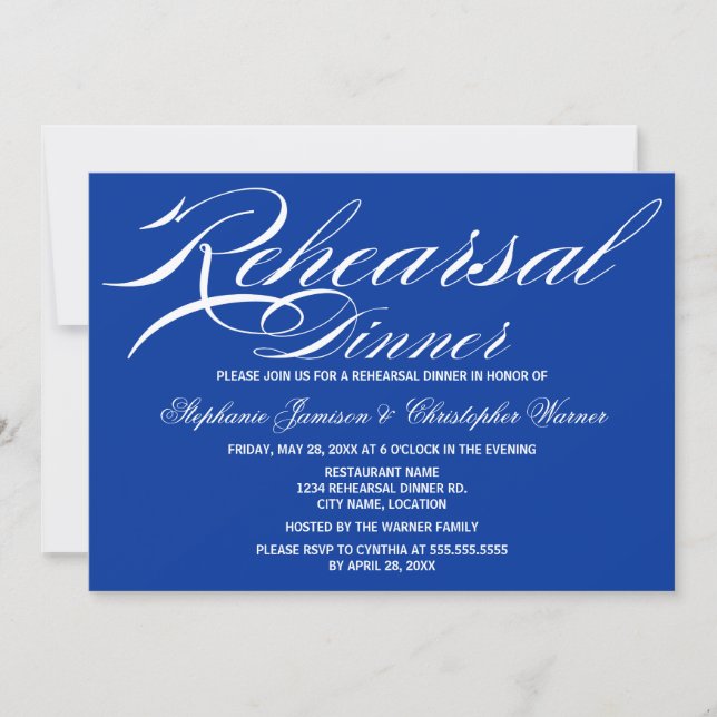 Invitación Caligrafía Elegancia Cena Real de Ensayo Azul (Anverso)