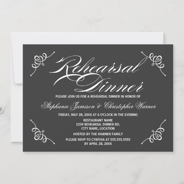 Invitación Caligrafía Elegancia Gris Ensayo Cena (Anverso)