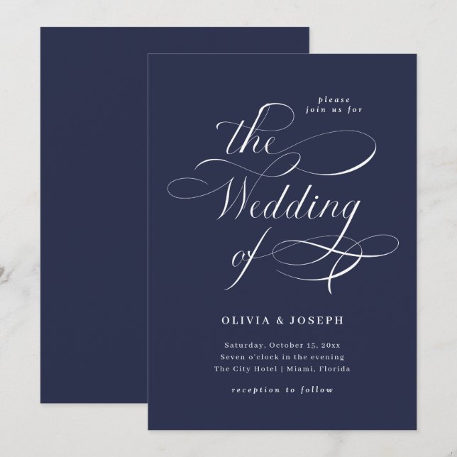 Invitación Caligrafía elegante| Boda azul de la marina (Anverso / Reverso)