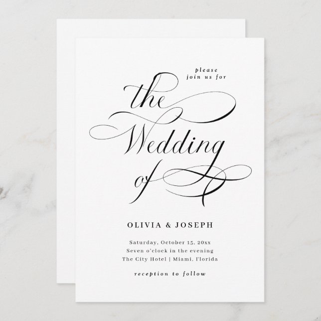 Invitación Caligrafía elegante| Boda blanco y negro (Anverso / Reverso)