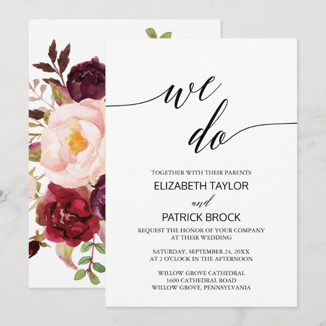 Invitación Caligrafía elegante | Boda Floral Back "We Do" (Anverso / Reverso)