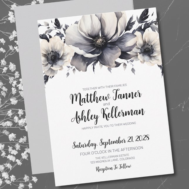 Invitación Caligrafía Elegante Boda floral blanco negro (Trendy Elegant Black White Floral Wedding Invitation)