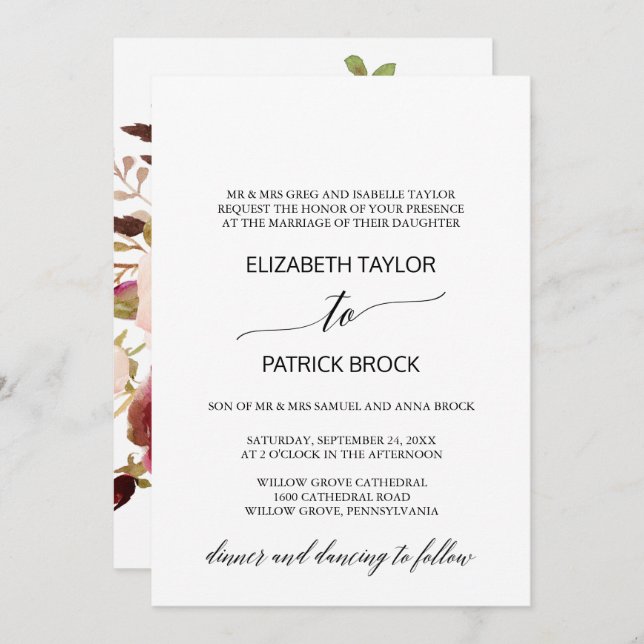 Invitación Caligrafía elegante | Boda formal de espalda flora (Anverso / Reverso)