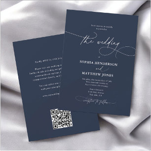 Invitación Caligrafía Elegante Código QR Boda Azul de la Mari