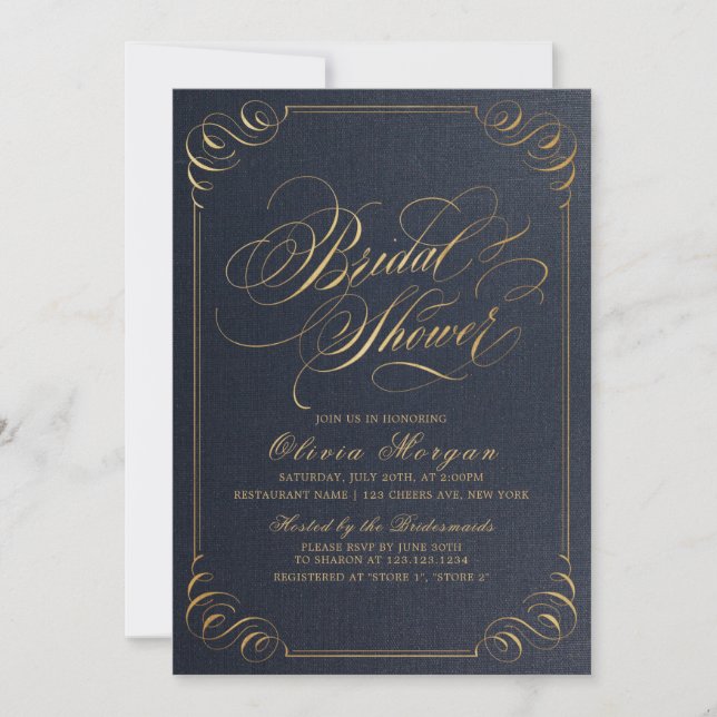 Invitación Caligrafía elegante de oro de la marina Bridal Sho (Anverso)