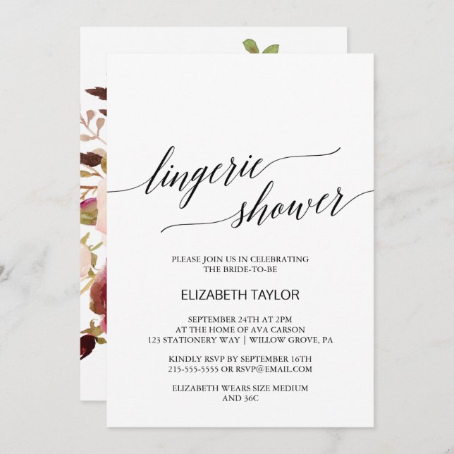 Invitación Caligrafía elegante | Ducha Floral de lencería (Anverso / Reverso)