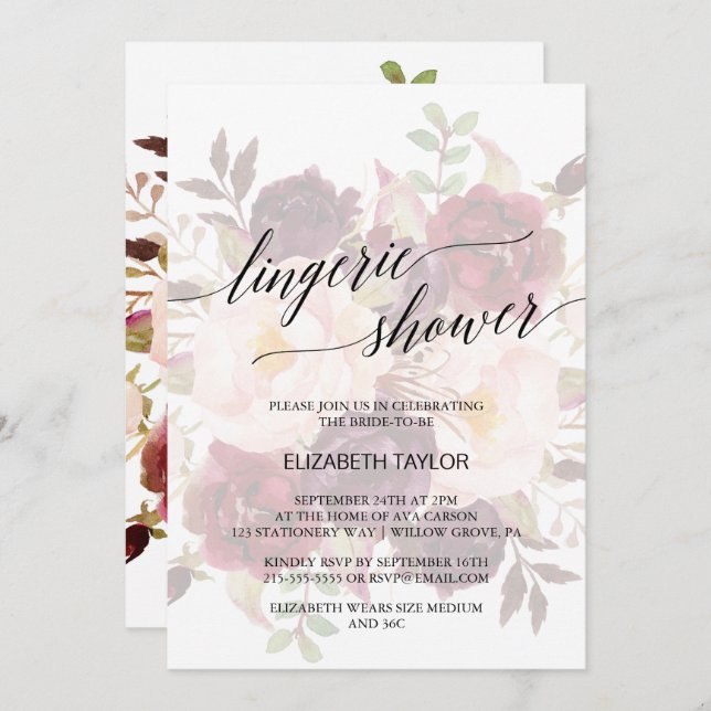 Invitación Caligrafía elegante | Ducha Floral De Lingerie Fad (Anverso / Reverso)