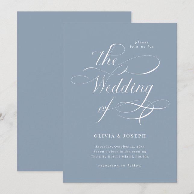 Invitación Caligrafía elegante | Dusty Blue Boda (Anverso / Reverso)