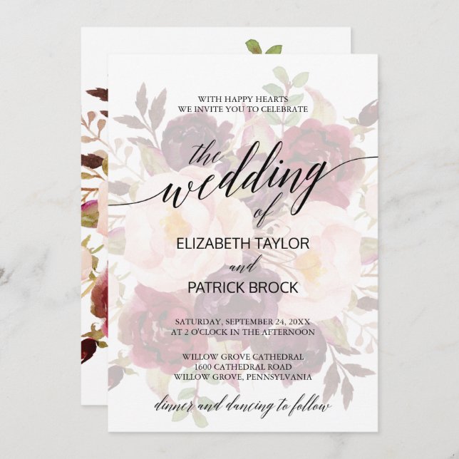 Invitación Caligrafía elegante | Faded Floral Boda (Anverso / Reverso)
