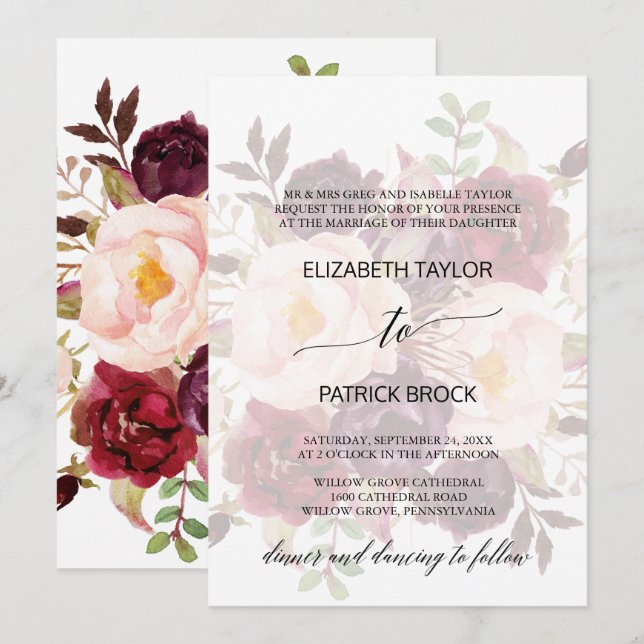 Invitación Caligrafía elegante | Faded Floral Formal Boda (Anverso / Reverso)
