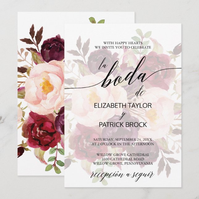 Invitación Caligrafía elegante | Faded Floral Spanish Boda (Anverso / Reverso)