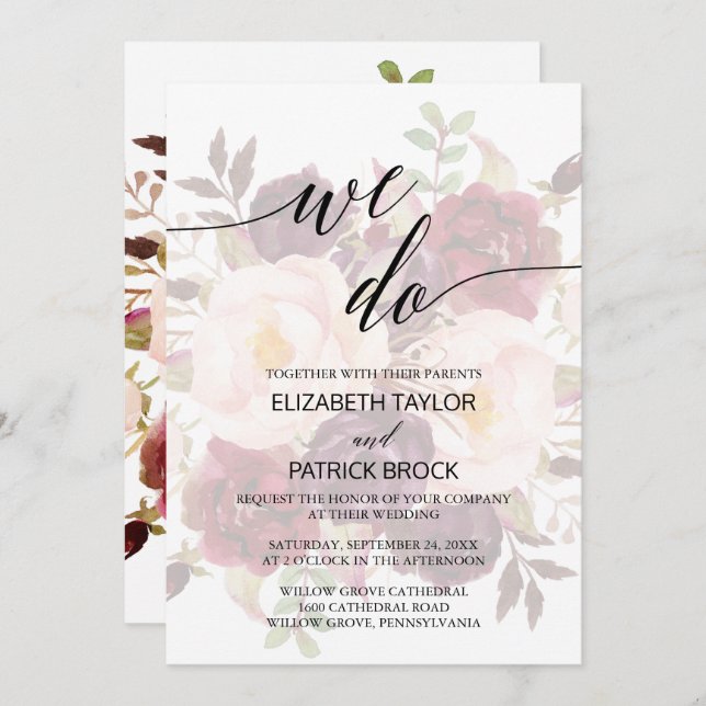 Invitación Caligrafía elegante | Faded Floral We Do Boda (Anverso / Reverso)