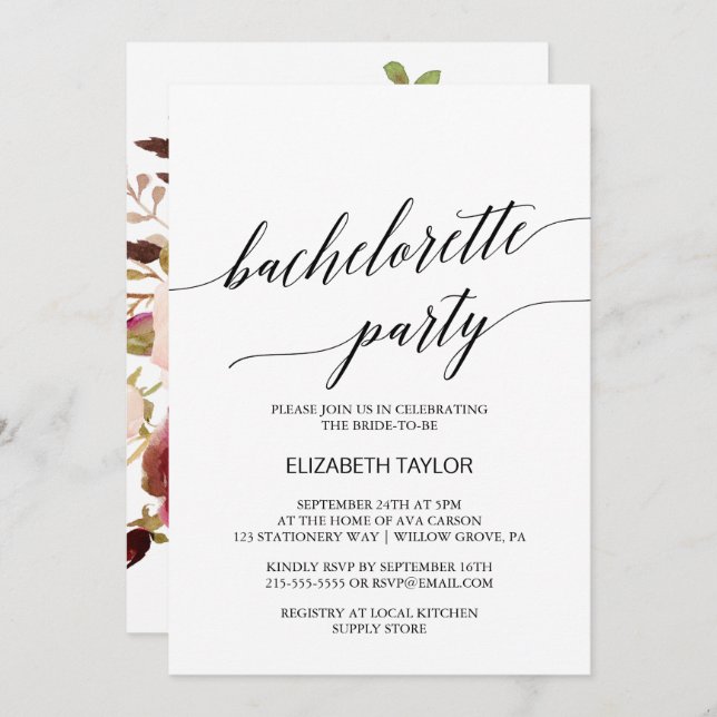 Invitación Caligrafía elegante | Fiesta Floral de Bachelorett (Anverso / Reverso)