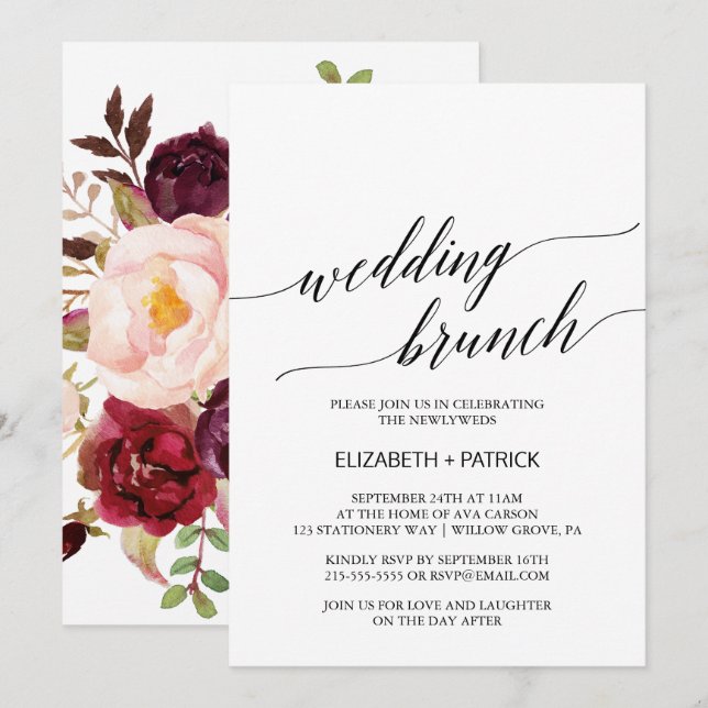 Invitación Caligrafía elegante | Floral Back Boda Brunch (Anverso / Reverso)