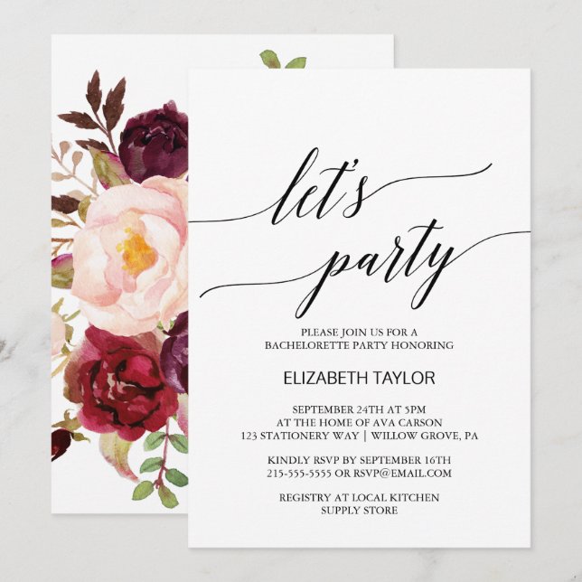 Invitación Caligrafía elegante | Floral Backing Let's Fiesta (Anverso / Reverso)