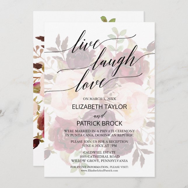 Invitación Caligrafía elegante | Floral desvanecida Vive Ríe  (Anverso / Reverso)