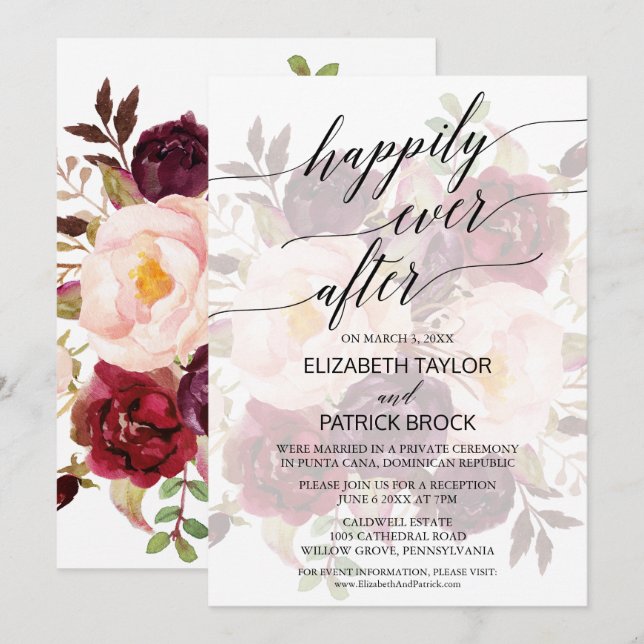 Invitación Caligrafía elegante | Fuga floral desvanecida (Anverso / Reverso)