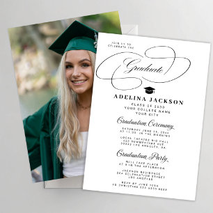 Invitación Caligrafía elegante graduación en blanco y negro