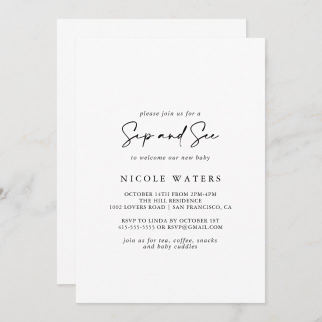 Invitación Caligrafía Elegante Moderno Sip y Ver (Anverso / Reverso)