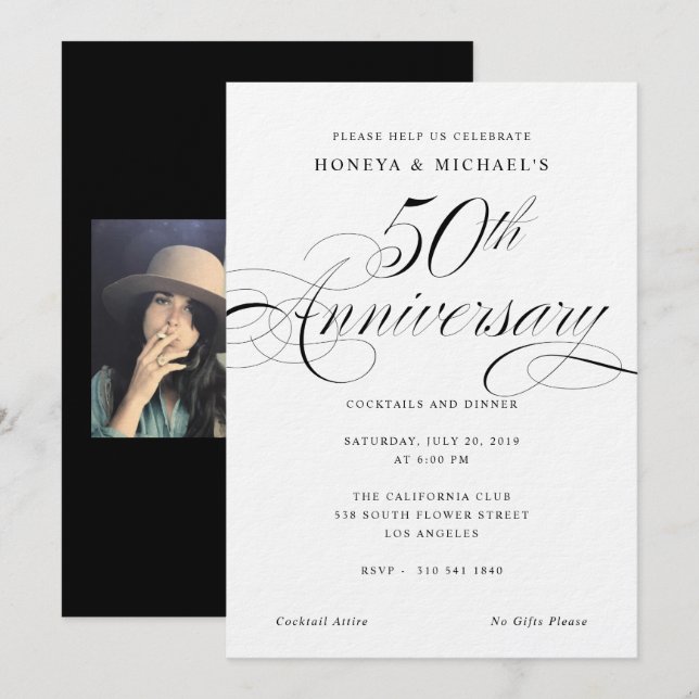 Invitación Caligrafía elegante negro y blanco 50 aniversario (Anverso / Reverso)