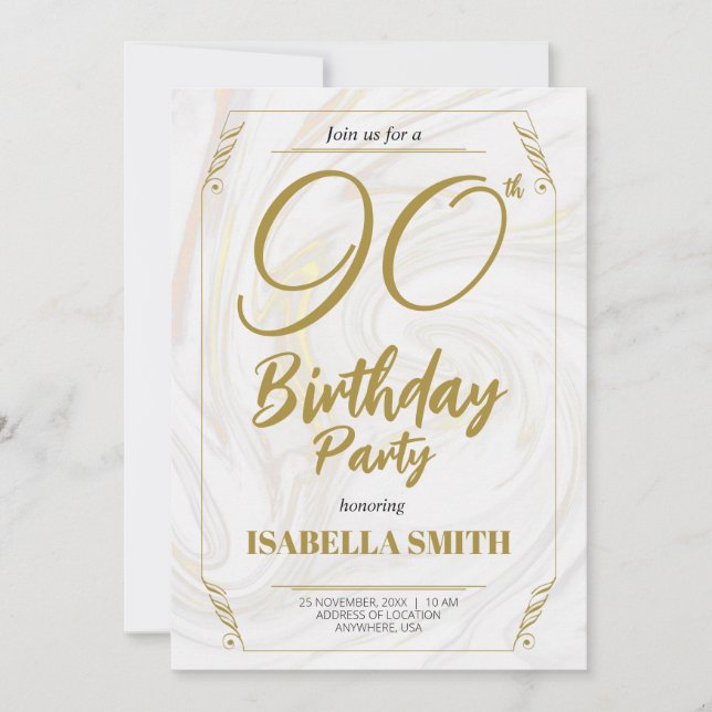 Invitación Caligrafía Elegante Oro Moderno 90 cumpleaños (Anverso)