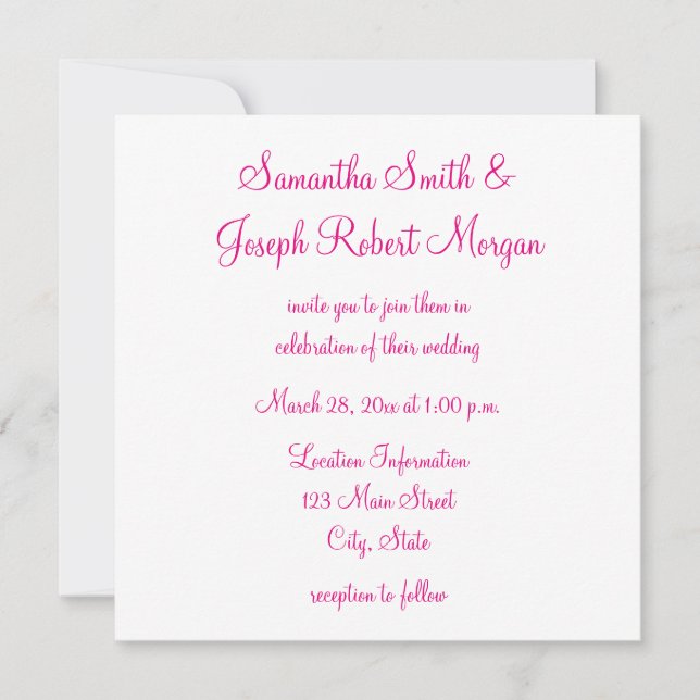 Invitación Caligrafía elegante rosa caliente Boda blanco sóli (Anverso)