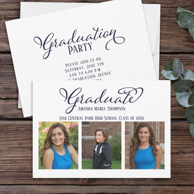 Invitación Caligrafía elegante simple de grado multifoto (Subido por el creador)