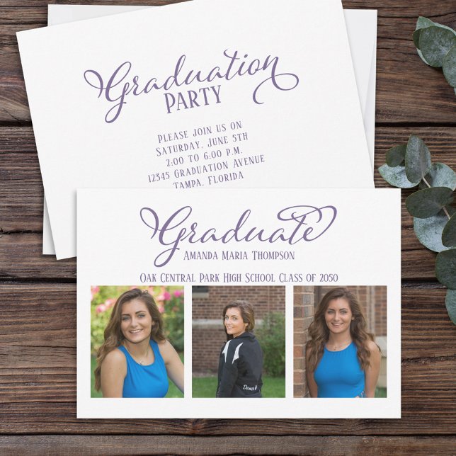 Invitación Caligrafía elegante simple de grado multifoto (Subido por el creador)