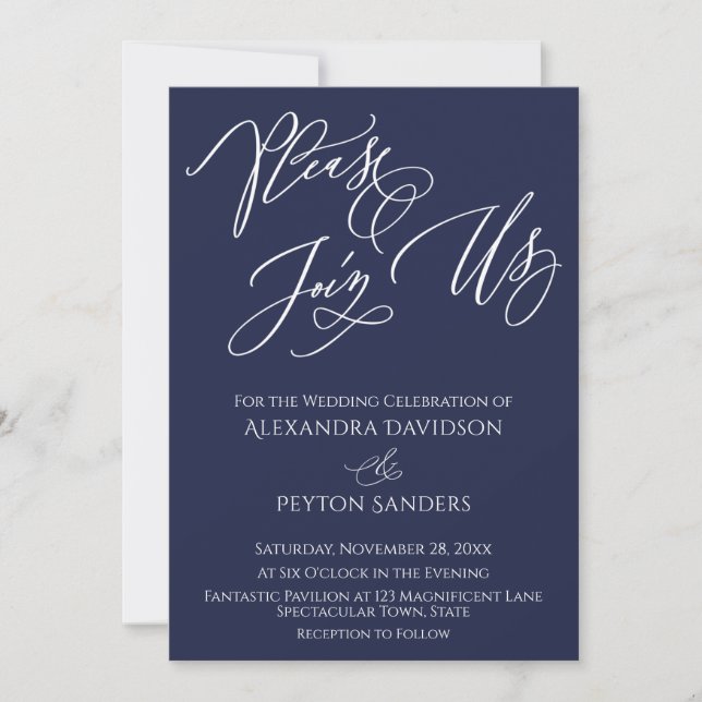 Invitación Caligrafía elegante "Únase a nosotros" Boda naval  (Anverso)