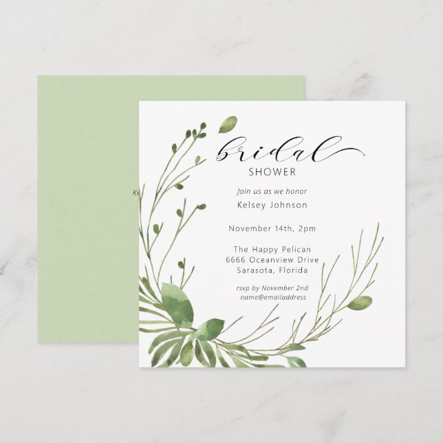Invitación Caligrafía Elegante Verdor Ducha Bridal (Anverso / Reverso)