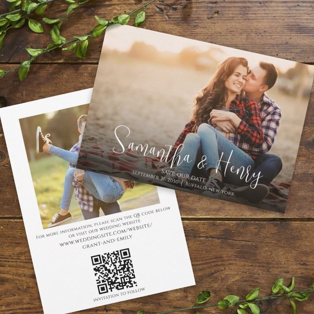 Invitación Caligrafía estilosa dos fotos código QR Minimalist (Subido por el creador)