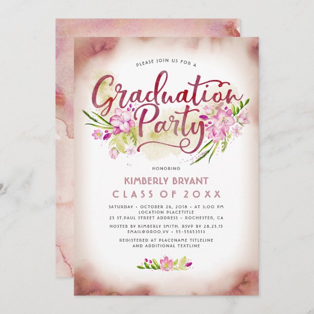 Invitación Caligrafía| Fiesta de graduación de acuarela flora (Anverso / Reverso)