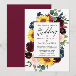 Invitación Caligrafía floral acuarela Boda borgoñés